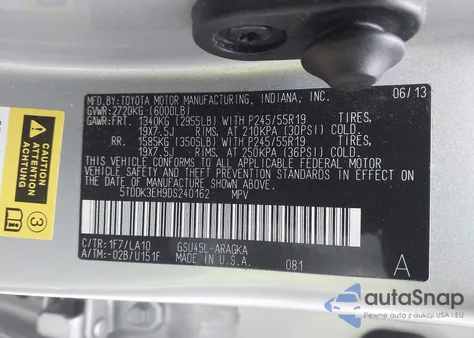 2013 Toyota Highlander Limited V6 z USA, uszkodzony, nr VIN 5TDDK3EH9DS240162